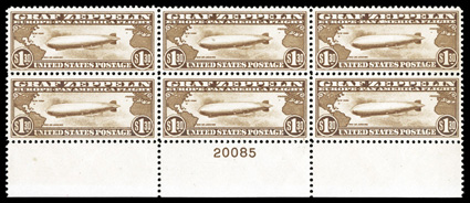 C14, $1.30 Graf Zeppelin, bottom margin plate no. 20085 block of six, exceedingly well centered, rich color, o.g., never hinged, some natural gum skips, top middle stamp with
inclusion, extremely fine.