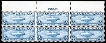 C15, $2.60 Graf Zeppelin, top margin plate no. 20095 block of six, attractive color, o.g., never hinged, sealed tear in the top selvage, fine-very fine
appearance.