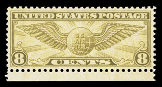 C17, 8c Winged Globe, bottom sheet-margin single, extraordinarily well centered and margined, strong rich color, pristine o.g., never hinged, extremely fine actually a very
difficult stamp to find in this outstanding quality 2008 PSE certifica