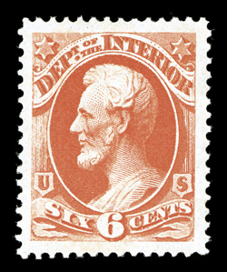 O18, 6c Interior, a stunning mint single, featuring enormous margins all around and being remarkably well centered within these oversized borders, rich bright color, full o.g.,
relatively lightly hinged, extremely fine a large-margined gem 200