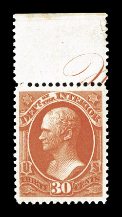 O23, 30c Interior, a marvelous quality mint top margin partial imprint single, featuring striking intense color and a prooflike impression, plus it is extraordinarily well
centered within extravagantly large margins, fresh clean o.g., never hing