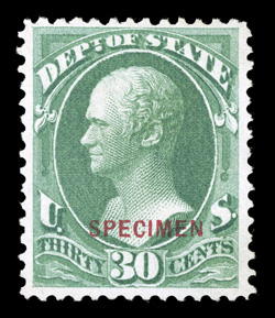 O66S-D, 30c State special printing, with carmine Specimen overprint, without gum as issued, fresh color, well centered, very fine only 249 sold.