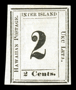 24, 2c Black on laid paper, Plate 7-A, Type X, Position 10, showing raised I of INTER, unused, quite fresh, full margins, light owners handstamp on back does not show through,
very fine.