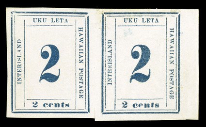 26, 2c Dark blue, Plate 10-A, Types IX-X, Positions 1-2, unused horizontal pair, especially bright color and paper, large to extra-large margins, small scissor cut between
stamps at bottom, faint soiled spot at top of right stamp, very fine-extr