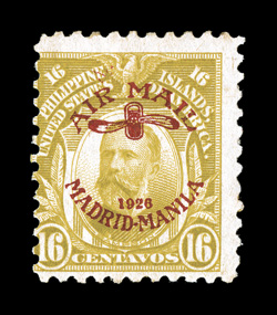 C8, 16c Olive bister, with red Madrid-Manila air post ovpt., another example of this rarity, bright color, centered to the left as usual, tropicalized o.g., trivial toned spots
on reverse only, fine signed Sanabria.