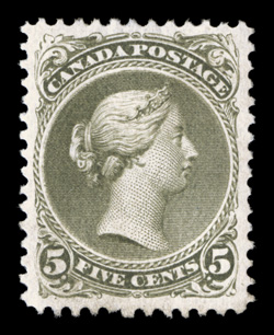 26, 1875 5c Olive green, perforated 11 12x12, unused, marvelously well centered within uncommonly large margins, fresh color, extremely fine quite scarce to fine this well
centered and margined (Unitrade C$2,500.00).