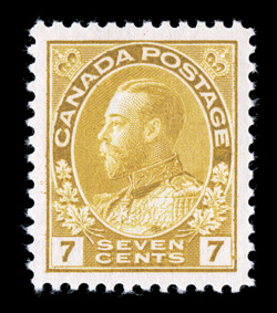 113, 1912 7c Yellow ocher, wet printing, flawlessly centered within uncharacteristically large margins, bright color on clean white paper, pristine o.g., n.h., an extremely
fine gem for the perfectionist (Unitrade C$210.00).