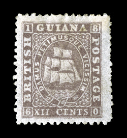 S.G. 63, 1865 12c Brownish lilac, medium paper, perf. 12½ - 13, lovely rich color and a strong impression, part o.g., very fine 2008 BPA certificate ex-Sovereign (Scott 33D
$725.00).