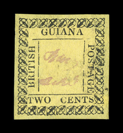 S.G. 119, 1862 2c Black on yellow, unused, bright paper color, large adherence on back, small light surface rubbing, fine appearance 1997 Rendon certificate (Scott 38
$4,250.00).