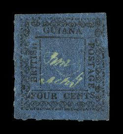 S.G. 124, 1862 4c Black type-set on blue, rare unused copy, showing full roulettes on two sides, deep paper color, filled thin at left, very fine appearance 2008 BPA
certificate ex-Sovereign (Scott 43 $4,500.00).