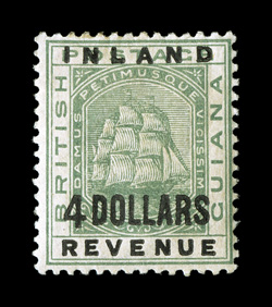 S.G. 188a, 1888 4 DollarsInland Revenue overprint, the large 4 variety, strong rich color, o.g., h.r., a fine example of this key stamp to the series 1997 Brandon certificate
(Scott 127A $1,900.00).