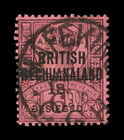 S.G. 15, 1900 1- Mafeking surcharge on 6p Purple on rose red, used, deep rich colors, neatly struck Mafeking c.d.s., fine signed H. Bloch and accompanied by 1986 RPS and 2008
BPA certificates ex-Sovereign (Scott 176 $825.00).