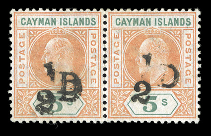 S.G. 18, 18b, 1907 ½D on 5- Salmon and green, double surcharge in horizontal pair with normal, the left stamp showing a clear double surcharge, being especially distinct and
showing doubling of all three elements of the surcharge, displaced f