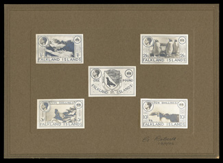 1936 Edward VIII Photographic Essays of the 1-, 26, 5-, 10- and £1 as adopted for the 1938-50 set, mounted on brown card, signed and dated by the Artist, also includes another
set of the five values but not cut down and showing backgrounds ve