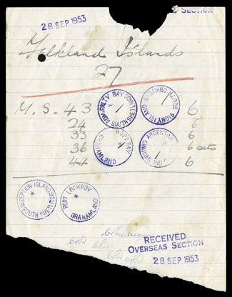 Falkland Island Dependencies proof impression of cancellations, portion of a notebook page with violet handstamps of “Admiralty BaySouth Shetlands”, “Signy IslandSouth
Orkneys”, “Hope BayGrahamland”, “Argentine IslandsGrahamland”, “Deception