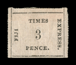 S.G. 6, 1871 3p Black on rose Fiji Time Express, position 21, scarce mint single, full roulettes on three sides, part o.g., h.r., small thin spots, very fine appearance 1987
RPS certificate ex-Sovereign (Scott 7 1,750.00).