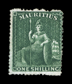 S.G. 55, 1862 1- Deep green, perforated 14 to 16, unused, deep intense color and impression, a fine example of this elusive stamp 2008 BPA certificate ex-Sovereign (Scott 23
$2,750.00).