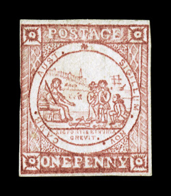 S.G. 3, 1850 1p Reddish rose, unused, three full margins, just touching the frame line at one point on the left side, fine impression, regummed, tiny repair at top that is
almost undetectable, fine appearance a stamp that is almost never offere