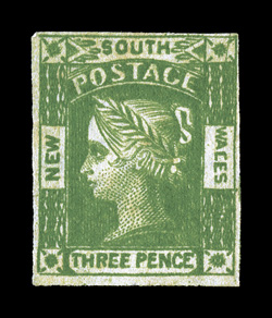 S.G. 87a, 1854 3p Yellow green, WACES with center bar of first E missing, position R 47, four full to large margins, sumptuously rich color and a well incised impression, faint
lightened toned spot at top, still a very fine example of this
