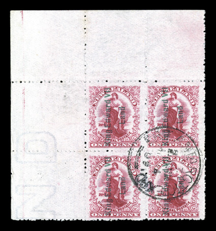 S.G. A1b, 1908 1p Rose carmine, with King Edward VIILand. overprint in green, Waterlow printing, a showpiece top left corner sheet-margin used block of this rare printing, with
central mostly clear Brit Antarctic ExpdMr 409 c.d.s., attrac