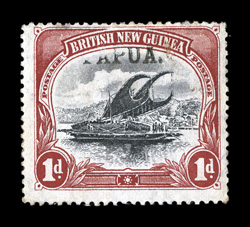 S.G. 22 var., 1906 1p Carmine and black, with trial PAPUA. overprint all in capital letters, vertical watermark, strong colors, traces of o.g., small repair at top right of
vignette, fine appearance a rare trial overprint (Scott 12 var.).
