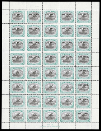 S.G. 114a, 114b, 114c, 1929 3p Black and blue green air post, Ash printing, with overprint omitted and printed on the back (vertically), an amazing complete sheet of 40,
including full selvages, with a pre-overprinting fold that results in sixte