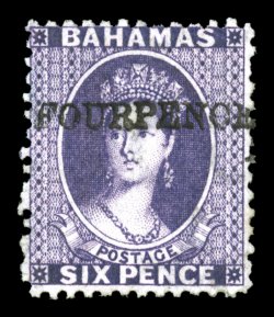 S.G. 45, 1883 FOURPENCE surcharge on 6p Deep violet, deep vibrant color, part o.g., fine 1964 BPA certificate (Scott 26 $725.00).