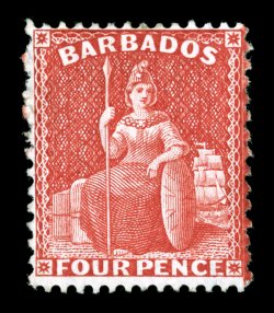 S.G. 84, 1875 4p Scarlet, perf. 14x12½, wmk. Crown CC, an especially fresh and attractive example of this key rarity of Barbados, possessing vivid color and a crisp clean
impression on bright paper, rather well centered, nearly full original gum