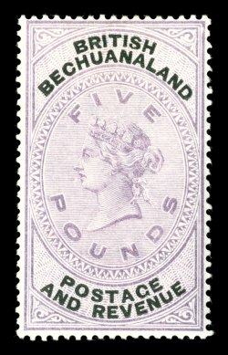 S.G. 21, 1887 £5 Lilac and black, an exceptional mint copy of this rare high value, with strong rich color on crisp white paper, full o.g., lightly hinged, very fine an
especially desirable example signed H. Bloch ex-Gilbert (Scott 22 $