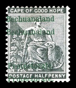 S.G. 52a, 1889 ½p Grey black, double overprint, similar to the above lot except the overprints are separated vertically, rich fresh color, o.g., lightly hinged, fine 1991 BPA
certificate (Scott 67a $575.00).