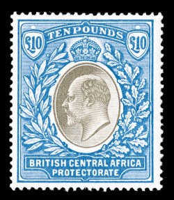 S.G. 67, 1903-04 £10 Grey and blue, an exceedingly handsome mint example of this rarity, featuring strong unaffected colors on fresh white paper, well centered, full clean
o.g., lightly hinged, very fine select quality mint copies of this high