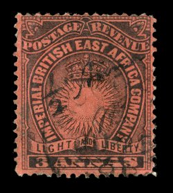 S.G. 24, 1891 ½ anna Mombasa provisional surcharge on 3a Black on dull red, initialed A.B., used, light Mombasa c.d.s. cancel, some light creasing, fine appearance one of the
rarest of the Mombasa provisionals clear 1999 Brandon certificat