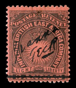S.G. 31, 1895 ½ anna Mombasa provisional manuscript surcharge on 3a Black on dull red, initialed T.E.R.C., strong deep colors, o.g., mild h.r., fine 2004 BPA certificate
(Scott 34 $525.00).