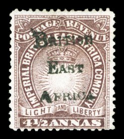 S.G. 39b, 1895 4½a Brown purple, with British East Africa overprint, unused, rich color, fine a very scarce shade variety 1997 Brandon certificate (Scott 44a
$1,450.00).