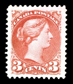 S.G. 84, 1888 3c Rose carmine, a superlative mint example of this scarce shade, possessing extravagantly large margins all around and being extraordinarily well centered
within them, gorgeous vibrant color and a well incised impression on bright