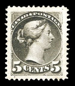 S.G. 85, 1876 5c Olive green, excellent centering within lavishly large margins all around, rich color, full o.g., mild h.r., an extremely fine gem and a particularly
large-margined example (Scott 38 $925.00).