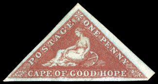 S.G. 1, 1853 1p Pale brick red, deeply blued paper, handsome mint example of this rare stamp, with large to huge margins all around, brilliantly rich color and a highly
detailed impression, part original gum, miniscule mark on face and slight ru