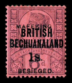 S.G. 15, 1900 1- Mafeking surcharge on 6p Purple on rose red, deep rich colors, fairly well centered, part o.g., very fine for this.This is one of the most challenging stamps
in all of British Africa to find in mint condition. In fact, there