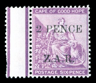 S.G. 3, 1899 2 PenceZ.A.R. Vryburg surcharge on 6p Mauve, an outstanding mint example of this rare stamp, being a left sheet-margin single, radiant rich color on bright white
paper, uncommonly well centered, o.g., with just the barest trace o