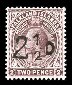 S.G. 115, 1928 2½D Provisional surcharge on 2p Purple brown, rich color, nicely centered, o.g., tiny h.r., a very fine example of this scarce provisional signed Tom Allen and
accompanied by a 2005 Heijtz certificate (Scott 52 $1,200.00).