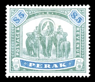 S.G. 79, 1896 $5.00 Green and ultramarine, a particularly fresh mint example, lovely bright colors, uncharacteristically well centered, o.g., h.r., small mild gum bend, very
fine (Scott 60 $600.00).