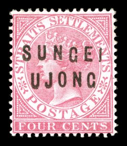 S.G. 22, 1882 4c Rose, with SUNGEI UJONG overprint Ty. 12+14, strong bright color, o.g., fine a wonderfully fresh and highly desirable example of this very scarce stamp signed
A. Diena and accompanied by a 2007 RPS certificate (Scott 5 $1,