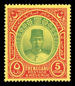 S.G. 44, 1938 $5.00 Green and red on yellow, gorgeous deep colors, excellent centering, o.g., lightly hinged, extremely fine (Scott 38 $500.00).