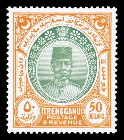 S.G. 46, 1912 $50.00 Green and yellow, outstanding centering, wonderfully fresh colors, o.g., lightly hinged, tiny spot on gum, extremely fine an especially handsome copy of
this scarce stamp 2007 APS certificate (Scott 40 $1,850.00).