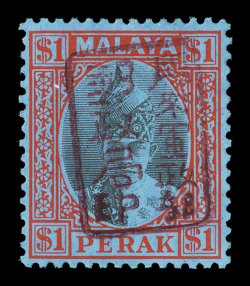 S.G. J203a, 1942 $1.00 Black and red on blue with Perak chop in brown, vibrant colors, o.g., lightly hinged, very fine signed Milo Rowell (Scott N14 var.).