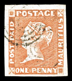 S.G. 10, 1854-57 1p Bright vermilion on yellowish white paper, intermediate impression, four large margins, bright color, light target cancels, small thin spot and a faint
horizontal crease, very fine appearance (Scott 3b $2,750.00).