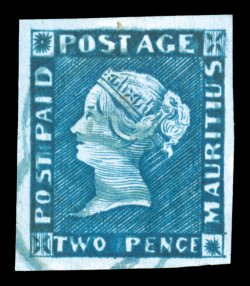 S.G. 13, 1854-57 2p Deep blue on grayish paper, intermediate impression, four large to extra-large margins, strong rich color, light blue double-ring cancel, tiny central
repair, choice very fine appearance (Scott 4b $3,750.00).