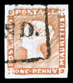 S.G. 16, 1857-59 1p Red on greyish paper, worn impression, large margins on all four sides, tiny nick in the top margin, attractive color, portion of a boxed cancel, very fine
1977 RPS certificate (Scott 3c $750.00).