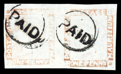 S.G. 23, 1857-59 1p Orange red on yellowish paper, latest impression, horizontal pair, positions 7-8, full to mostly large margins all around, left stamp with natural paper
inclusion, light diagonal crease affects mostly the left stamp (not note