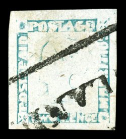S.G. 25, 1856-58 2p Grey blue on bluish paper, latest impression, exceedingly large and well balance margins on all four sides, portion of a boxed cancel, extremely fine 1973
RPS certificate (Scott 6g $950.00).